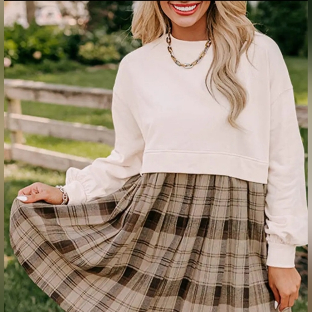 Lovesoft Beige Plaid Patchwork High Waist Sweatshirt Mini Dress Sz Sm